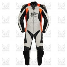 Mens King One Piece Leather Motorcycle Racing Suit ML 7077S - Orange/White/Black