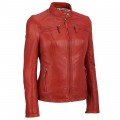 Women Vented Snap Collar Red Leather Jacket ML 5068