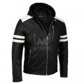 Mens Black Hooded Stripped Leather Biker Jacket ML 5017