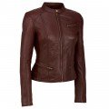 Women Snap Collar Short Length Leather Jacket ML 5061