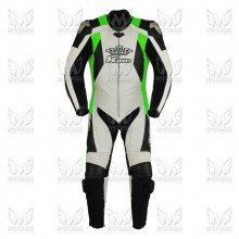 Mens King One Piece Hi Viz Leather Motorcycle Racing Suit ML 7077FC - Green/White/Black