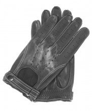 Mens Lambskin Leather Driving Gloves With Straps - Black